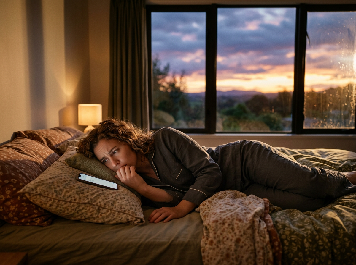 Woman lying on bed looking at phone with worried expression at sunset