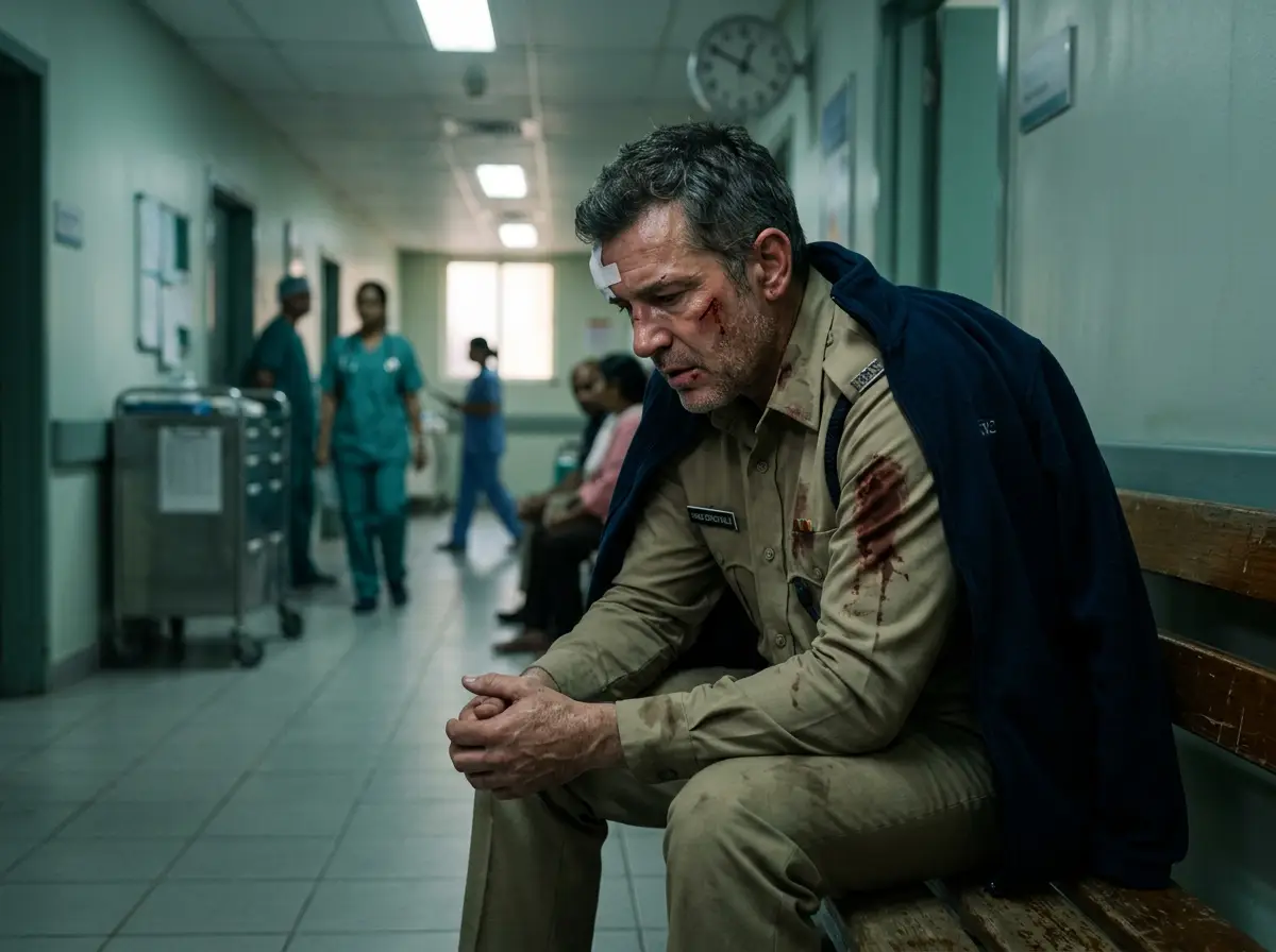 Injured police officer with bandages and blood stains sitting on hospital bench